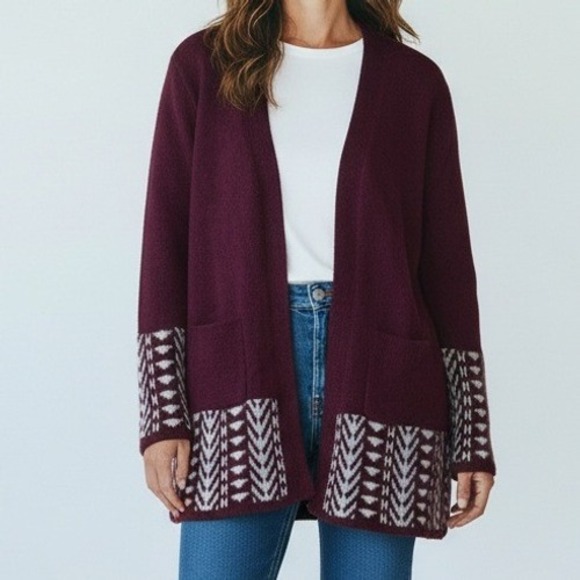 Frye Sweaters - Frye Cardigan Women L Dark Red Purple Geometric Aztec Western Open Front READ